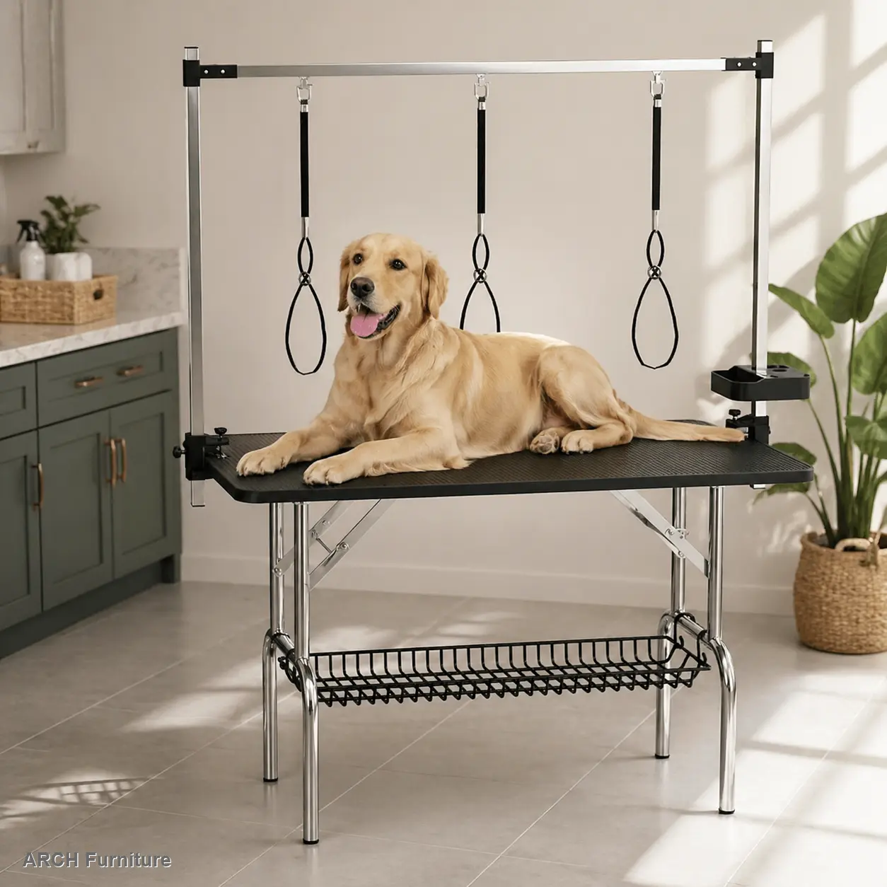 47-in Large Wood-Steel Foldable Dog Grooming Table - Black + Wood + Stainless Steel, Sturdy Metal Bracings, Adjustable Arm, 2 Noose Options, Mesh Tray, Tool Organizer, Folds for Storage, 38.30 lbs Capacity Home Station