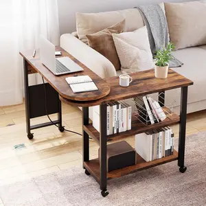 360-Degree Rotating Indoor Side Table with Charging Station, Sturdy End Table with Lockable Wheels, Spacious Storage, Brown