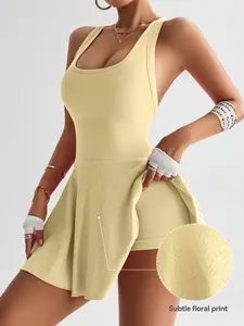 WAKYME Women's U-Neck Tummy Control Seamless Skort Sports Dress with Removable Padding & Backless Design,  Womenswear Compression Fit Ribbed Fabric Tummy Control Casual & Elegance Tennis Skirt