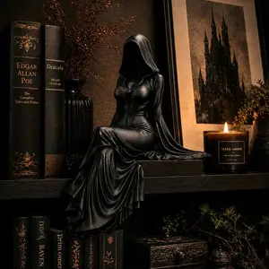 Gothic Lady Reaper Figurine, Dark Academia Bookshelf Decor, Mysterious Accent, Gothic Hooded Woman Statue, Witchy Spooky Accent for Alt Aesthetic, Statue Figurines