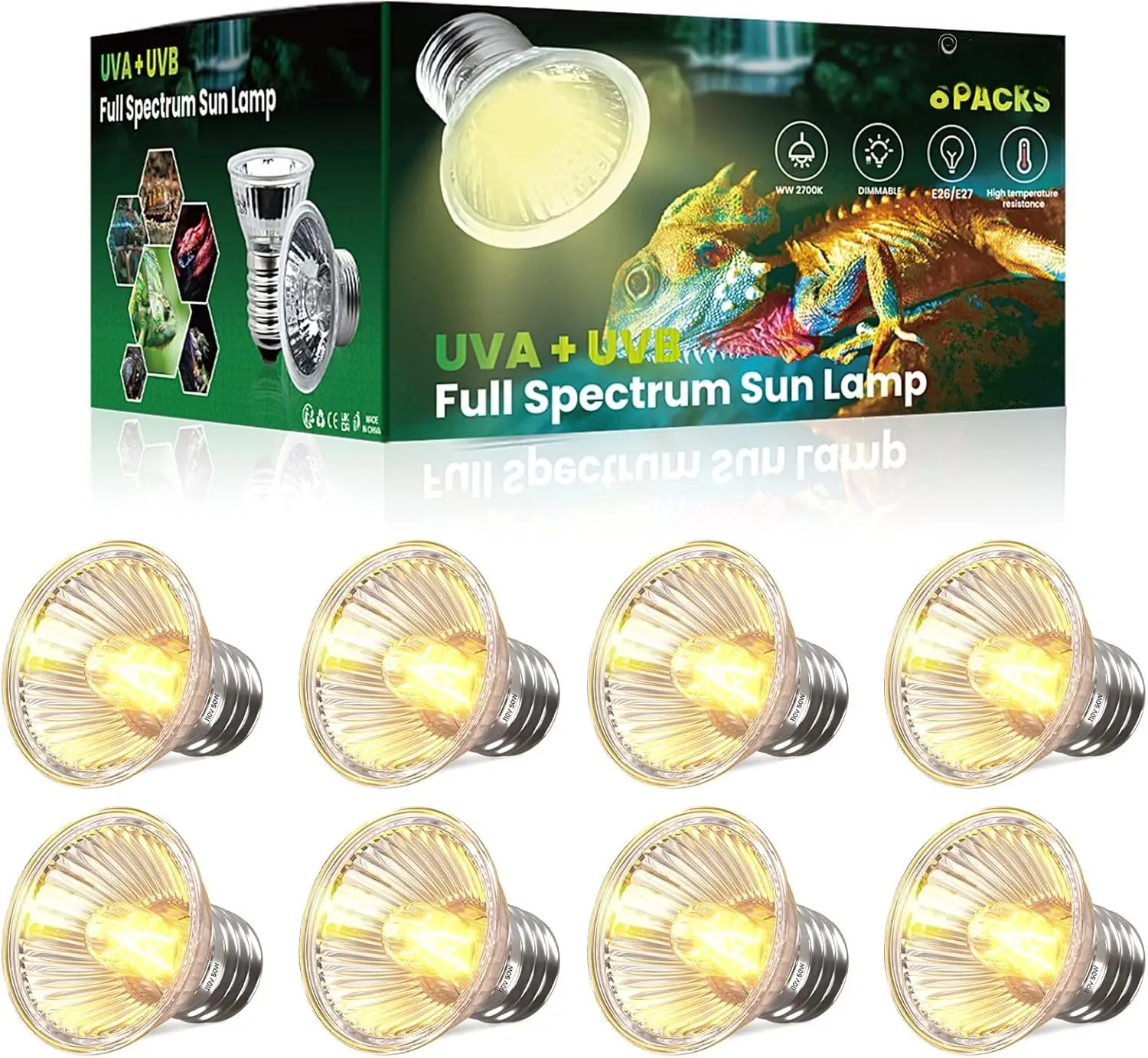 8Pack Heat Lamp Bulbs, 50W Reptile Heat Bulb, UVA UVB Reptile Light Bulb, E26 Dimmable Full  Sun Lamp Turtle Heat Lamp Bulb for Bearded Dragon, Chicks, Lizard, Snake, Puppies
