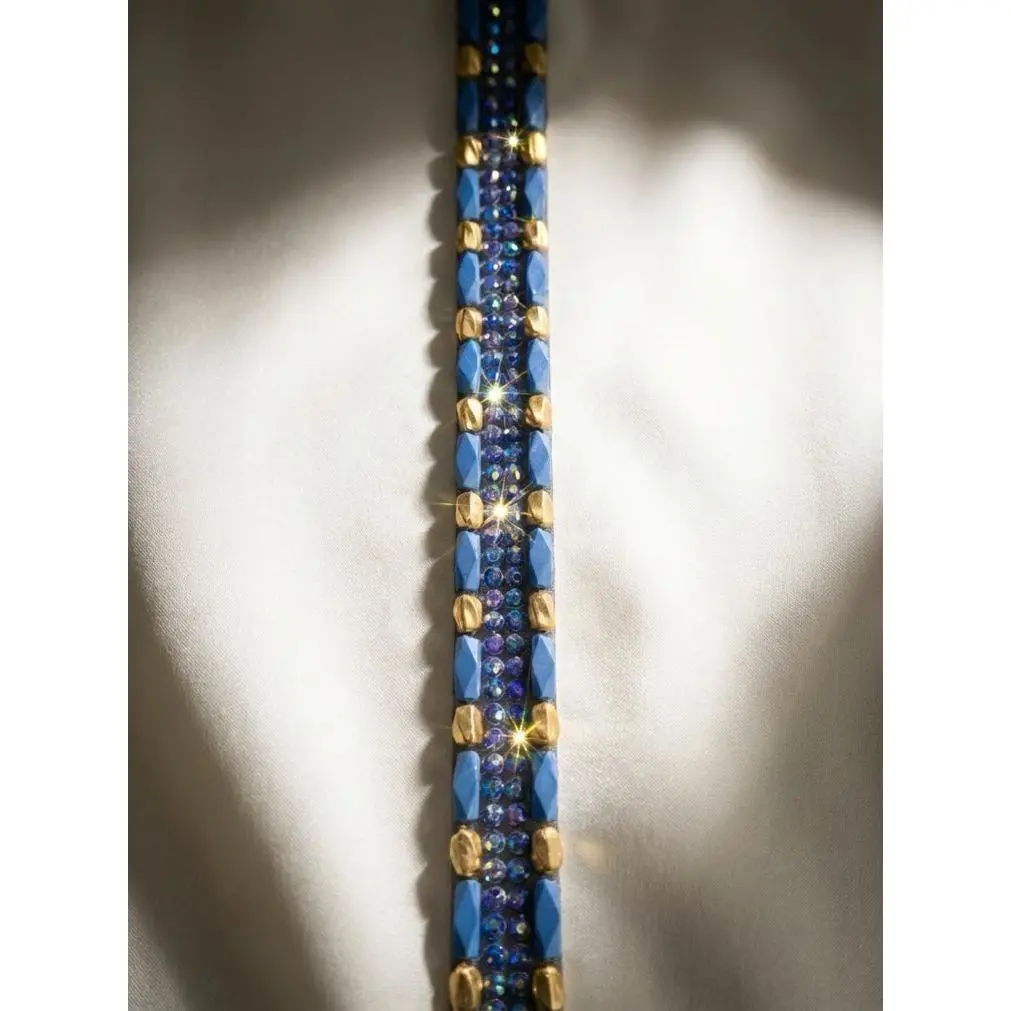 Iridescent Beads Bordered with matt Gold and  Blue Beads with AB blue beads in center on DIY Self Adhesive Trim