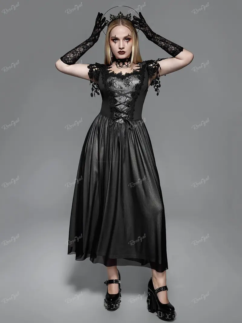 summer semi formal dress 1990S Black Rayon & Nylon Lace Long Sleeved Gothic Gown Lined In Silk