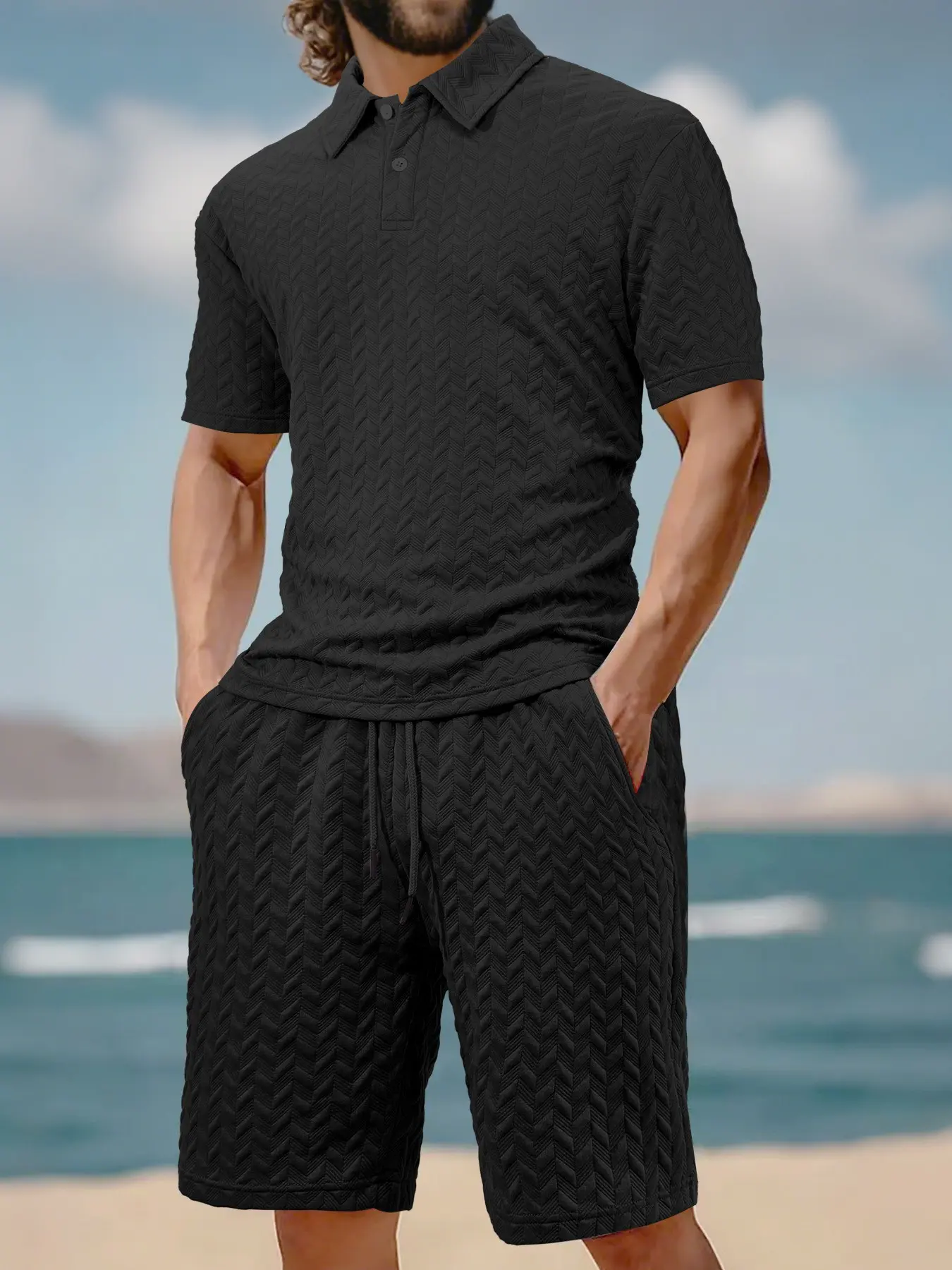 Men's summer polo shirt with collar and short-sleeved jacquard drawstring shorts set outfit, Sport Knit Set, menswear, Plain, casual, breathable, sweat-wicking, suitable for outdoor fitness, Gym, sports, leisure, men's wardrobe essential