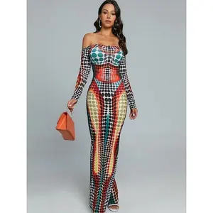 Off-shoulderPrintedbodyconDressCasualComfortWomenswearLadyCasualLongSleeveMaxiDRESS