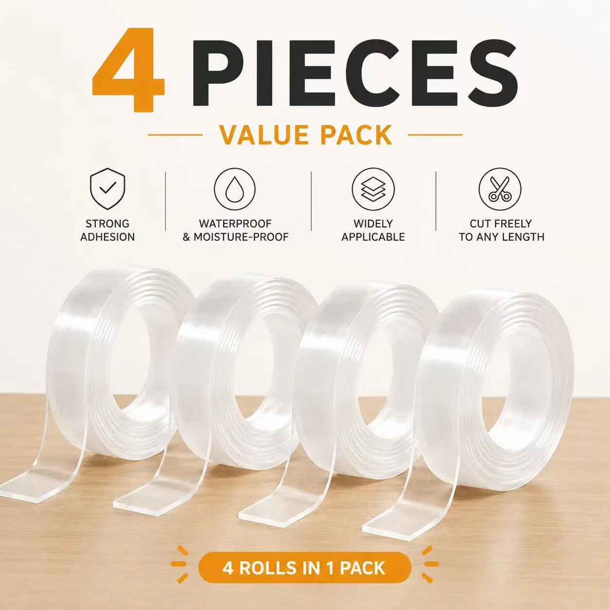 4 Rolls Value Pack Heavy Duty Double-Sided Nano Mounting Tape , Transparent Waterproof Adhesive, Strong Hold, Cut Freely, Universal Hardware Adhesive Tape