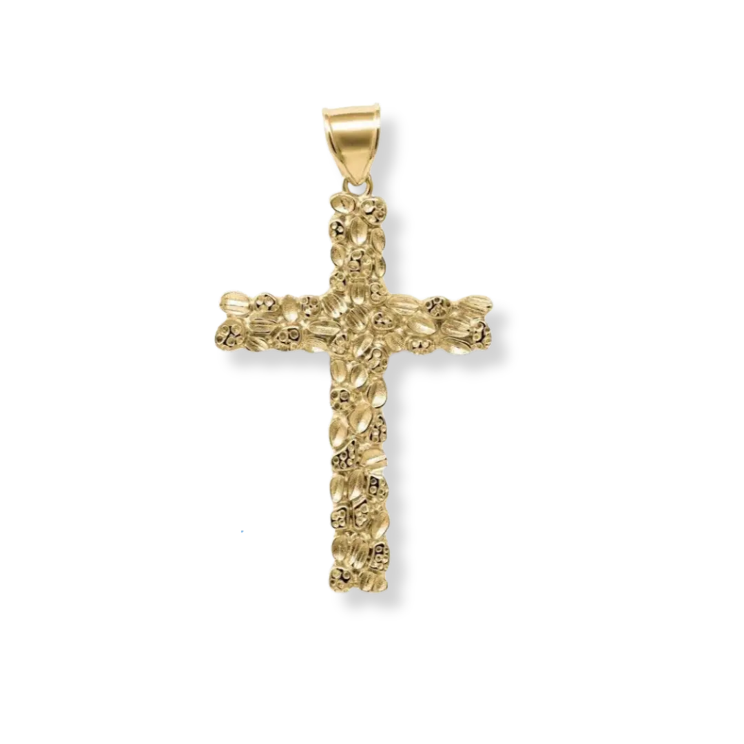 925 Sterling Silver Gold Nugget Cross Pendant – 14K Gold Plated Men’s Cross Necklace, Hip Hop Religious Jewelry