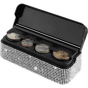 Bling Coin Holder for Car,4 Compartment Car Organizers and Storage with Rhinestones Compatible with Quarter/Nickel/Pennies/Dimes,Universal Coin Organizer for Car Truck SUV (White)