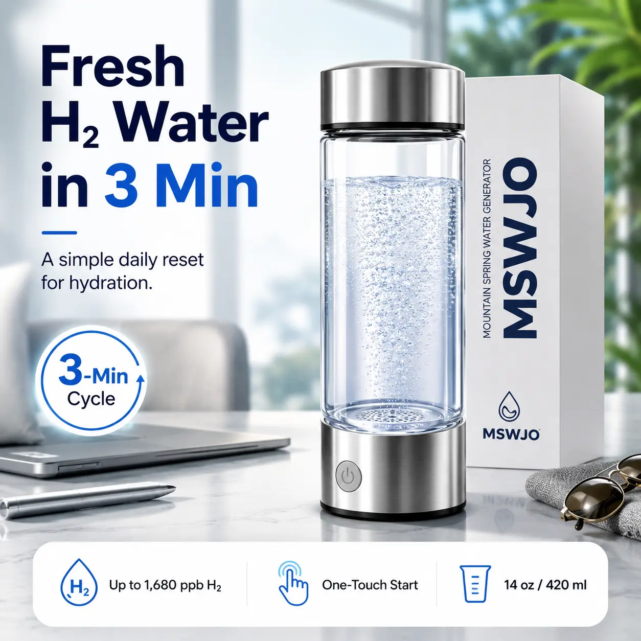 2 Pack MSWJO Hydrogen Water Bottle and Cup Set 2026 Upgrade Hydrogen Water Bottle 420ml Portable Ionizer for Office Travel Fitness Health-Enhancing Hydrogen-Rich Alkaline Water Portable Charging Tumbler Mug