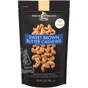 Squirrel Brand Sweet Brown Butter Cashews, 3.5 oz Resealable Bag, Gourmet Flavored Cashews Nuts, Gluten Free, Vegetarian Snack