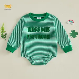 Baby Boy St Patricks Day Outfit Long Sleeve Letter Embroidery Bubble Sweatshirt Romper Crewneck Waffle Jumpsuit