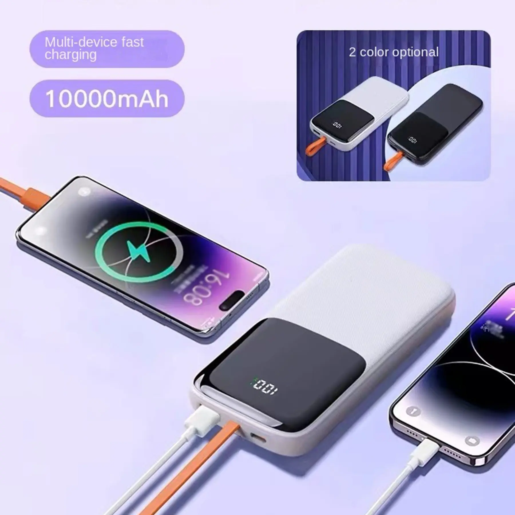 10000mAh Portable Battery Power Bank - 22.5W Super Fast Charging, Digital Display, Built-in Cable, 2 Color Options, Mobile Phone Accessories for Devices, Portable Charger