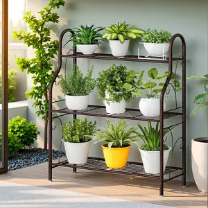 3-Tier Metal Plant Stand Corner Shelf | Indoor/Outdoor Multi-Level Holder for Potted Plants | Space-Saving Design Fits Living Room, Balcony & Garden | Sturdy Iron Frame + Rust-Proof Coating