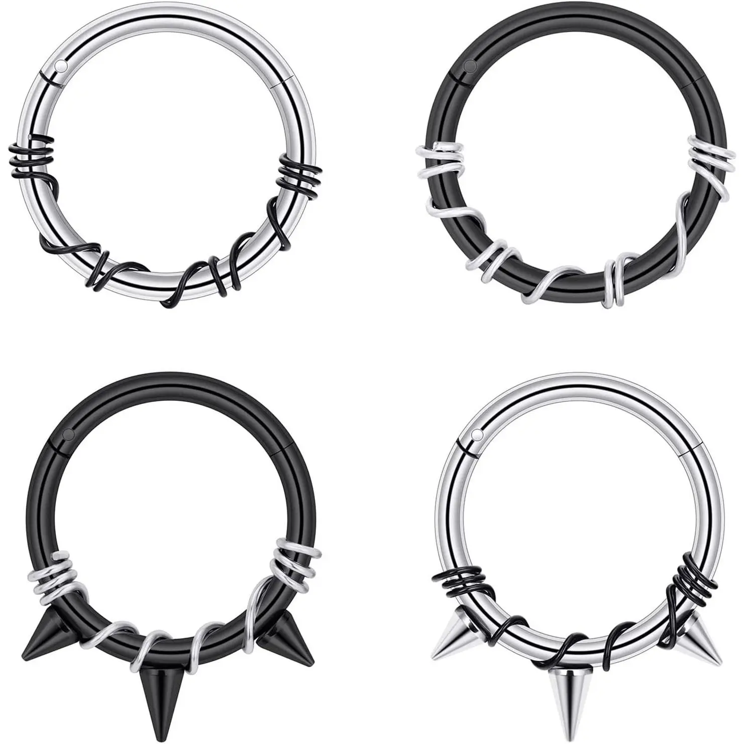 16G Septum Clicker Rings, 4-Pack Stainless Steel Dangle Piercing Jewelry with Planet Moon CZ Charms, Septum Piercing, Moon Septum Ring Piercing Jewelry