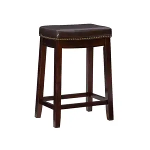 Linon Backless Faux Leather Counter Stool Bar Saddle Wood Dining Room 26" Brown
