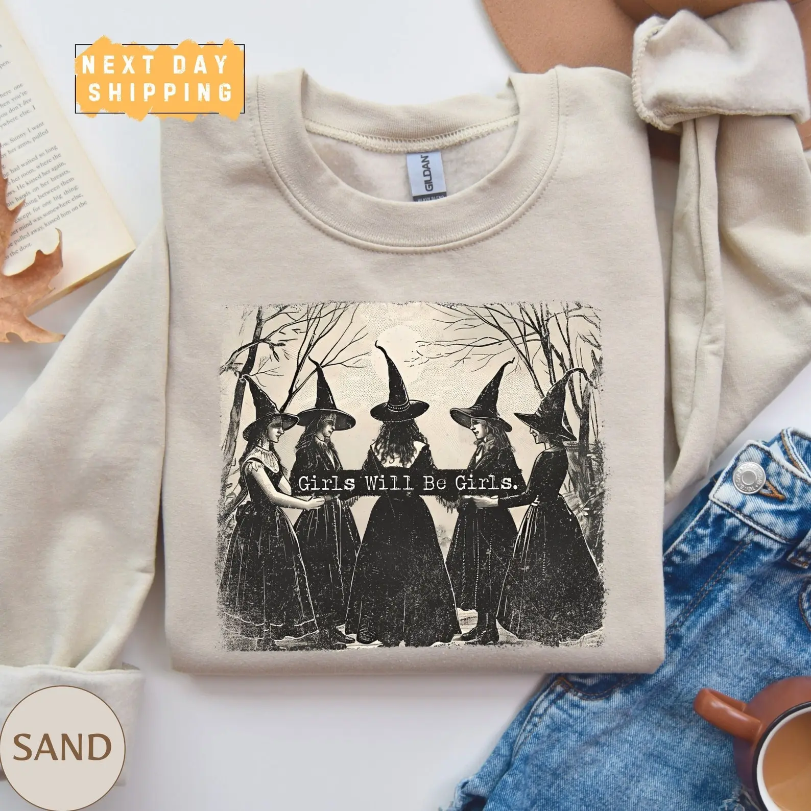 Vintage Girls Will Be Girls Witch Sweatshirt, Funny Witch Vintage Sweater, Witchy Vibes Sweatshirt, Vintage Halloween Women Sweatshirt,