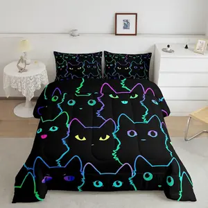 Cartoon Cat Comforter Set,Gradient Line Cute Cat Bedding Set,Adults Room Decor Lovely Animal Kitten Print Comforter,All Season