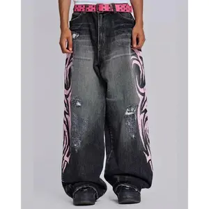 Oversized Pink Wide-Leg Distressed Jeans – Unisex High-Waisted Retro Denim Pants for Men and Women, Casual Hip-Hop Streetwear