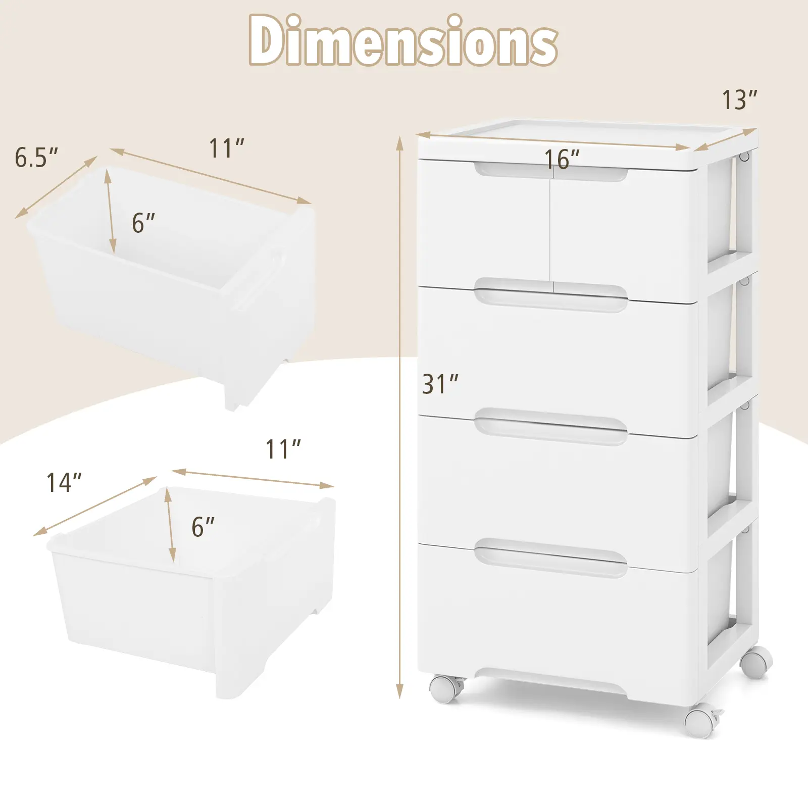 COSTWAY - Rolling Storage Cabinet with Universal Wheels and 5/6/7 Drawers-5 Drawers