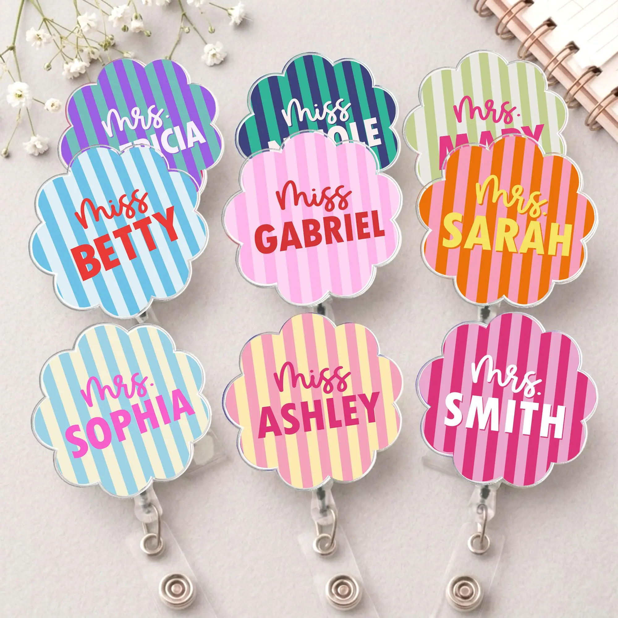 Personalized Striped Teacher Acrylic Badge Reel – Custom Teacher Name Retractable ID Badge Holder, Teacher Appreciation Gift, Back to School Gift