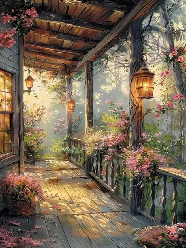 5D DIY Full Drill Square Diamond Painting Kit Cozy Cabin Porch Scenery Floral Decor Art Craft for Adults Home Wall Decor