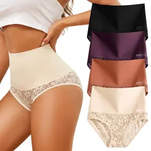 FINETOO 4PCS High Waist Briefs Spandex Underwear for Women Elegant Sexy Lace Bikini Style High Quality Comfortable Everyday Panties S-3XL Womenswear