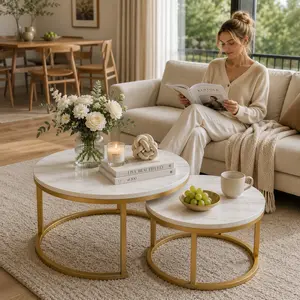 2-Piece Nesting Coffee Table Set – Modern White/Black Marble Pattern Round Coffee Tables with Gold Metal Frame, Luxury Space-Saving Center Tables for Living Room & Apartment Decor