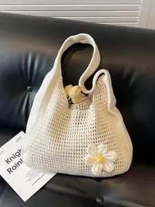 Women's Solid Color Straw Bag with Flower Decor, Fashionable Crochet Shoulder Bag for Daily Used, Casual Trendy Versatile High-quality Daily Commuting Bag