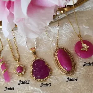 Gold Filled Pink Jade Necklace with Multiple Jade Pendants and Decorative Elements