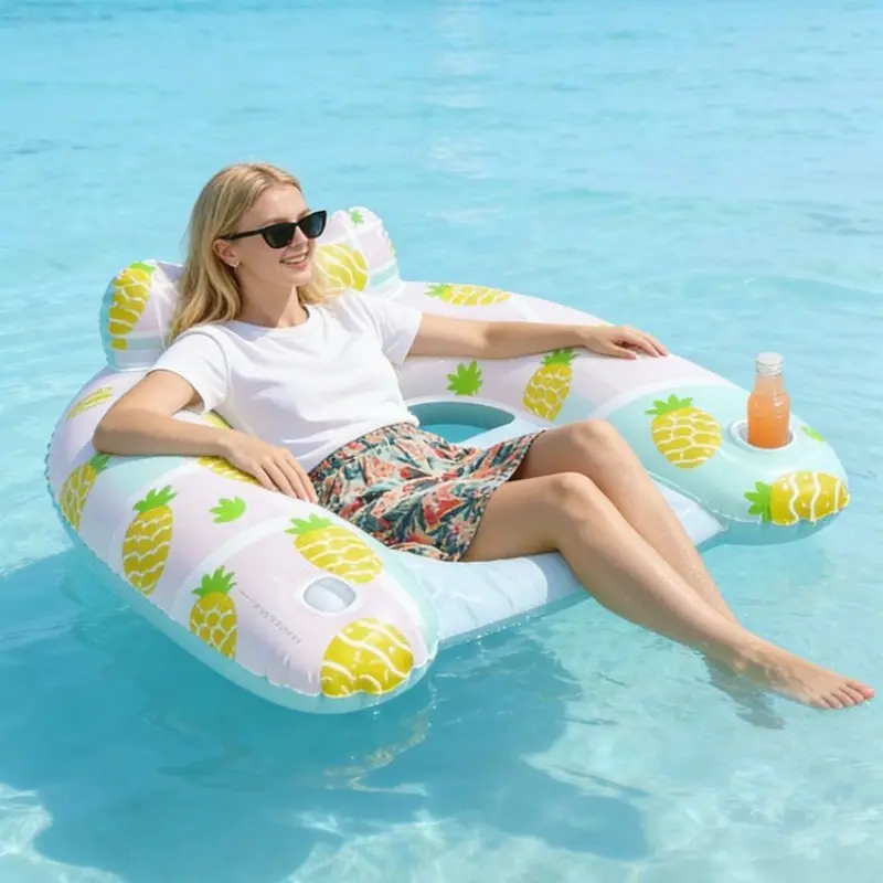 1pc Summer Pool Inflatable U-Shaped Float, Cup Holder Rest Seat, Strawberry Pineapple Pattern, Air Mattress for Swimming Pools, Pool Float Lounge, Inflatable Pool Floats, Fun Pool Floats