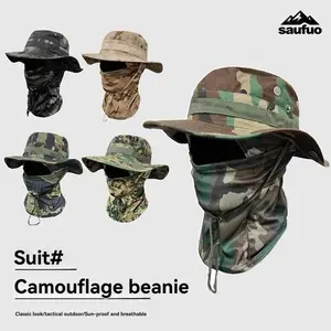 New Outdoor Camouflage Round Brim Hat Headset Set, Fishing Cap with Drawstring Windproof Bonnet, Travel Hiking Fishing Hat