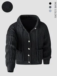 Men's Vintage Pockets Hooded Knit Cardigan, Knitwear, Winter Fitted Plain Design, Multiple Colors Available, Ideal for Casual & Daily Wear