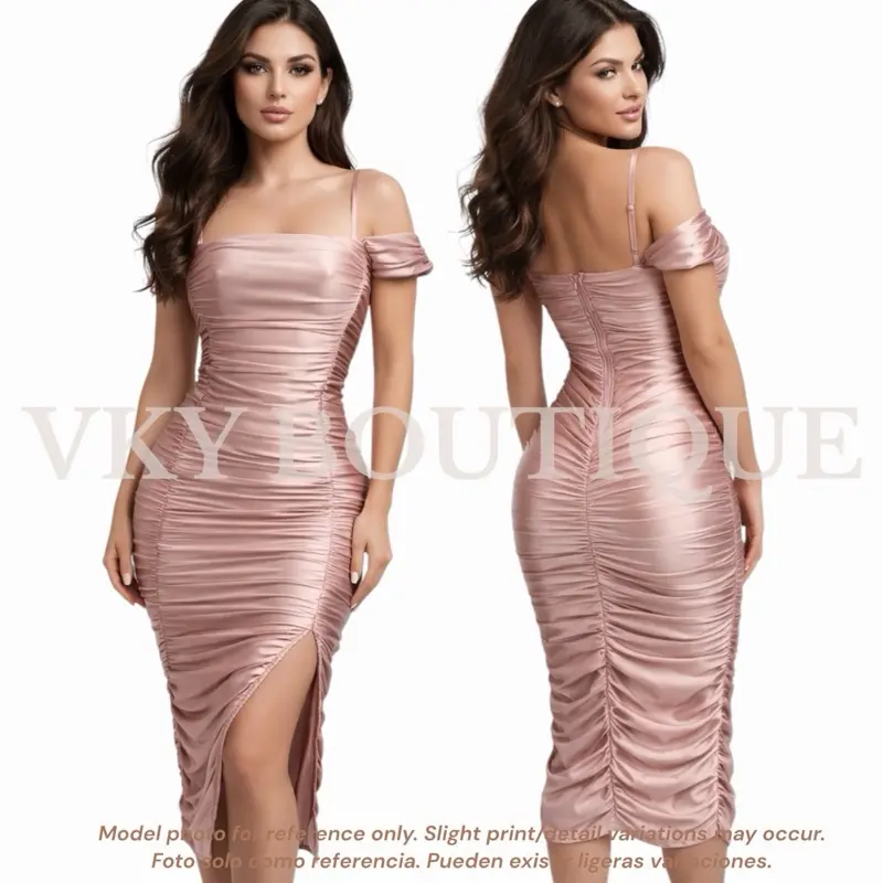 Satin Off Shoulder Ruched Midi GU Dress with Split Hem