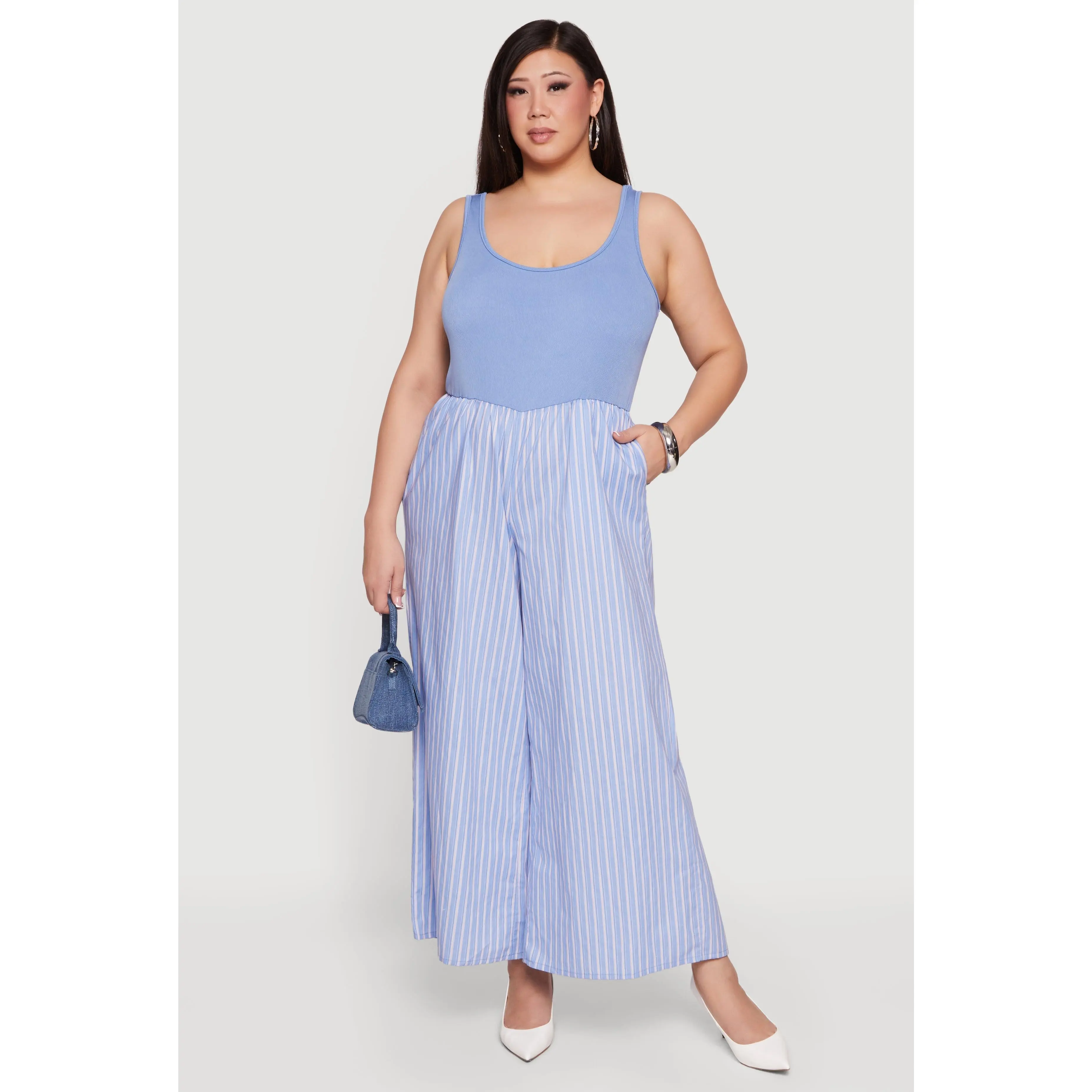 Plus Size Sleeveless Striped Ribbed Knit Jumpsuit