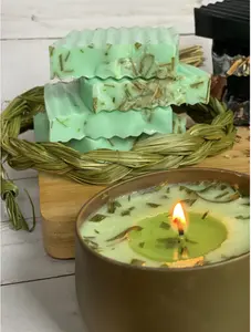 Sweetgrass Candle and Soap - Native American handcrafted soy wax non toxic candle and plant based glycerin indigenous sourced soap organic natural fragrance all natural