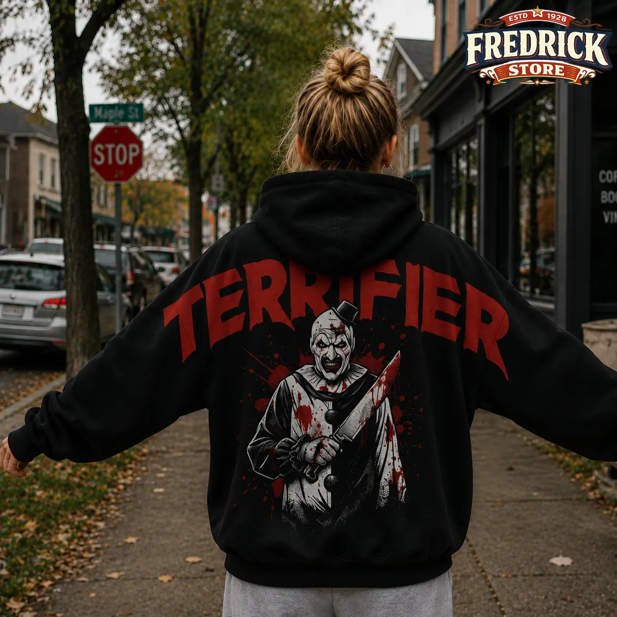 Terrifier Art The Clown Movie Horror Hoodie, Shoulder-to-Shoulder Back Lettering Hooded Sweatshirt, Scary Movie Graphic Pullover, Spooky Season, Gift for Him and Her, Vibes Horror Night Crewneck Gothic Clothes Winter Fall
