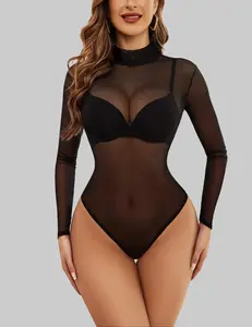 Avidlove Long Sleeve Bodysuit for Women Turtleneck Mesh Bodysuit Geo Print Leotards