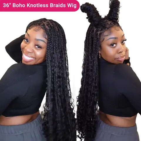 36" Triangle Top Boho Knotless Goddess Braids Wig From YMSGIRL, Full Lace With Baby Hair, Curly Ends, Natural Look, Effortless Elegance, Parties & Vacations #SohoChic #TikTokShopStockUp #DealsForYouDays