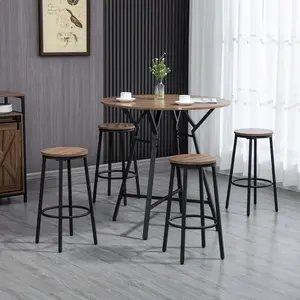 HOMCOM 5-Piece Space-Saving Bar Dining Set - Black Round Table with 4 Stools for Kitchen, Pub, or Apartment - 35.4" Diameter x 35.4" H Table & 16" Diameter x 24.25" H Stools - Light Brown Particleboard & Steel Frame - Adjustable Feet - Assembly Required