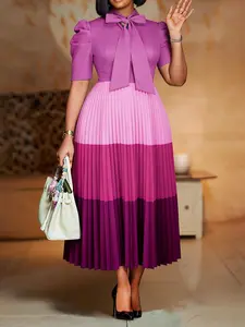 Elegant Colorblock A Line Midi Dress Women Short Puff Sleeves Half High Collar with Bow Pleated Church Office Female Outfits