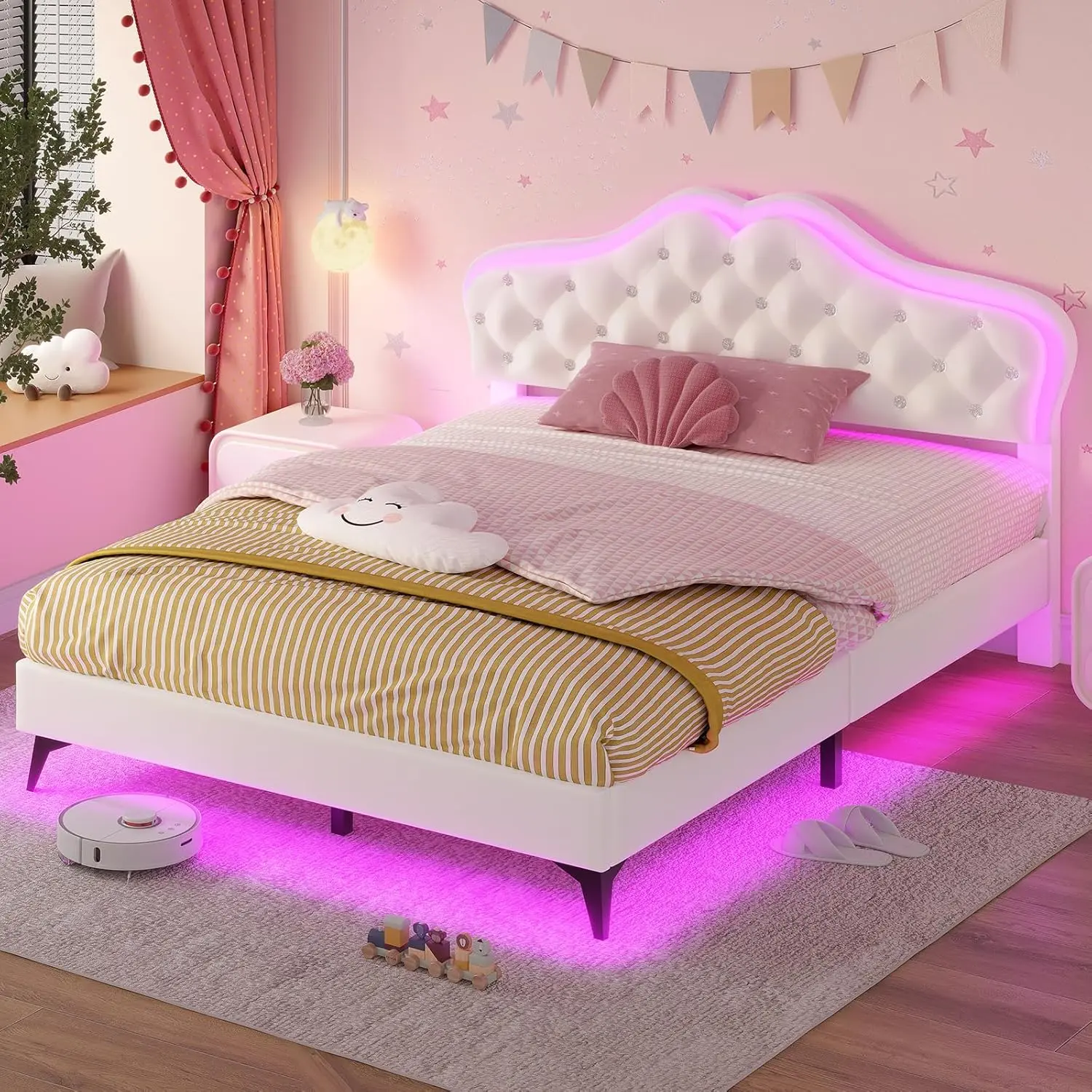 Sikaic Queen Bed Frame with RGB LED Lights, Princess Bed Frame with Adjustable Crystal Button Headboard, Velvet Upholstered Platform Bed for Girls, Solid Wooden Slats, Easy Assembly, Creamy White, Home Furniture, Dorm Essentials [tiktokshopbacktoschool]