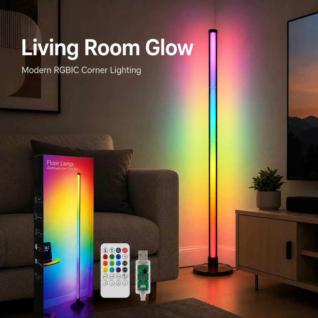 48in RGBIC Corner Floor Lamp with App and Remote Control, Music Sync, Dimmable USB Powered LED Ambient Light for Bedroom, Living Room and Gaming Room