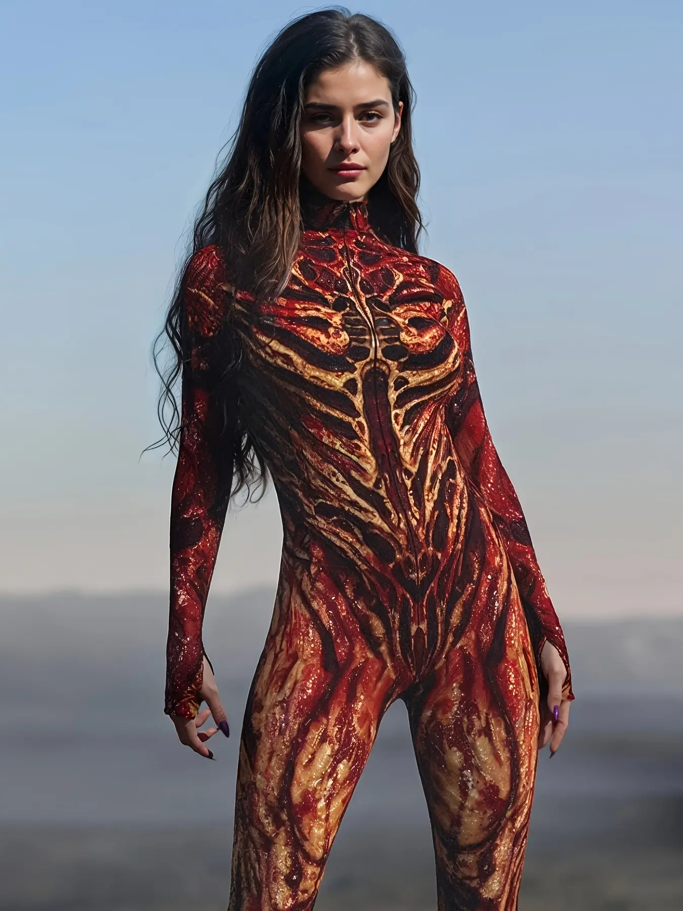 Fire Festival Bestseller, Flame Lava Pattern Tight Fitted Jumpsuit, Cyberpunk Style, Halloween Party Costume, Dress Up Costume, Cosplay, Women's Sexy Jumpsuit, Womenswear, Clothes, Festival Costumes