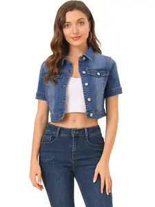 INSPIRE CHIC Casual Jacket Short Sleeves Crop Jean Denim Jacket