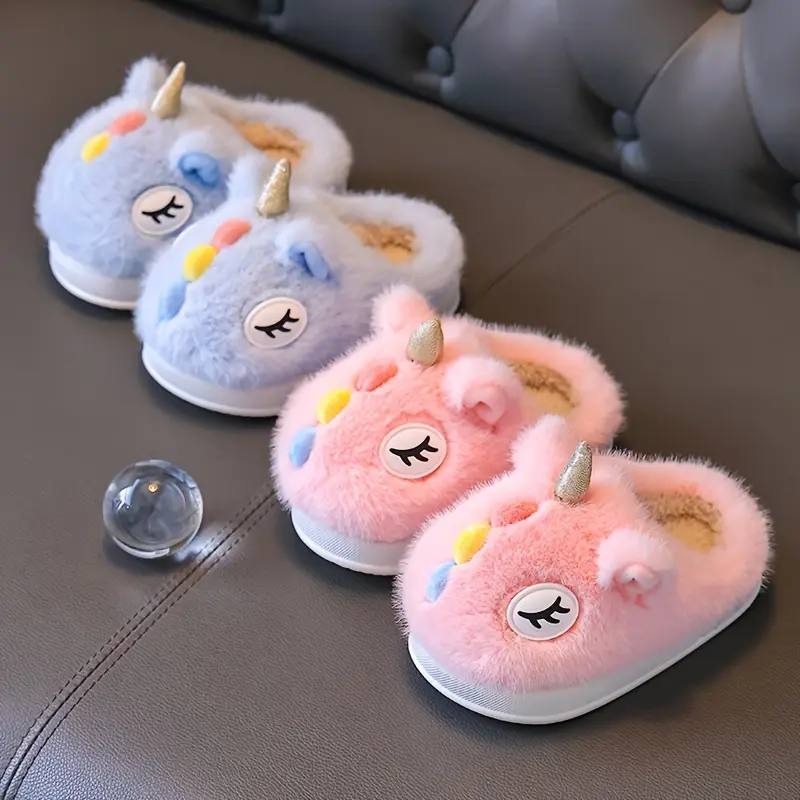 Girls' Cute Cartoon Unicorn Slippers, Soft and Warm Fleece Fabric with a Lightweight Non-Slip PVC Sole for Indoor Winter Wear, Cute Cartoon Style Slippers, Us 7.5-8 Toddler, Youngsters, No, Toddler+ Kids, Unicorn Faces, Fleece & Pvc, Flat Sole