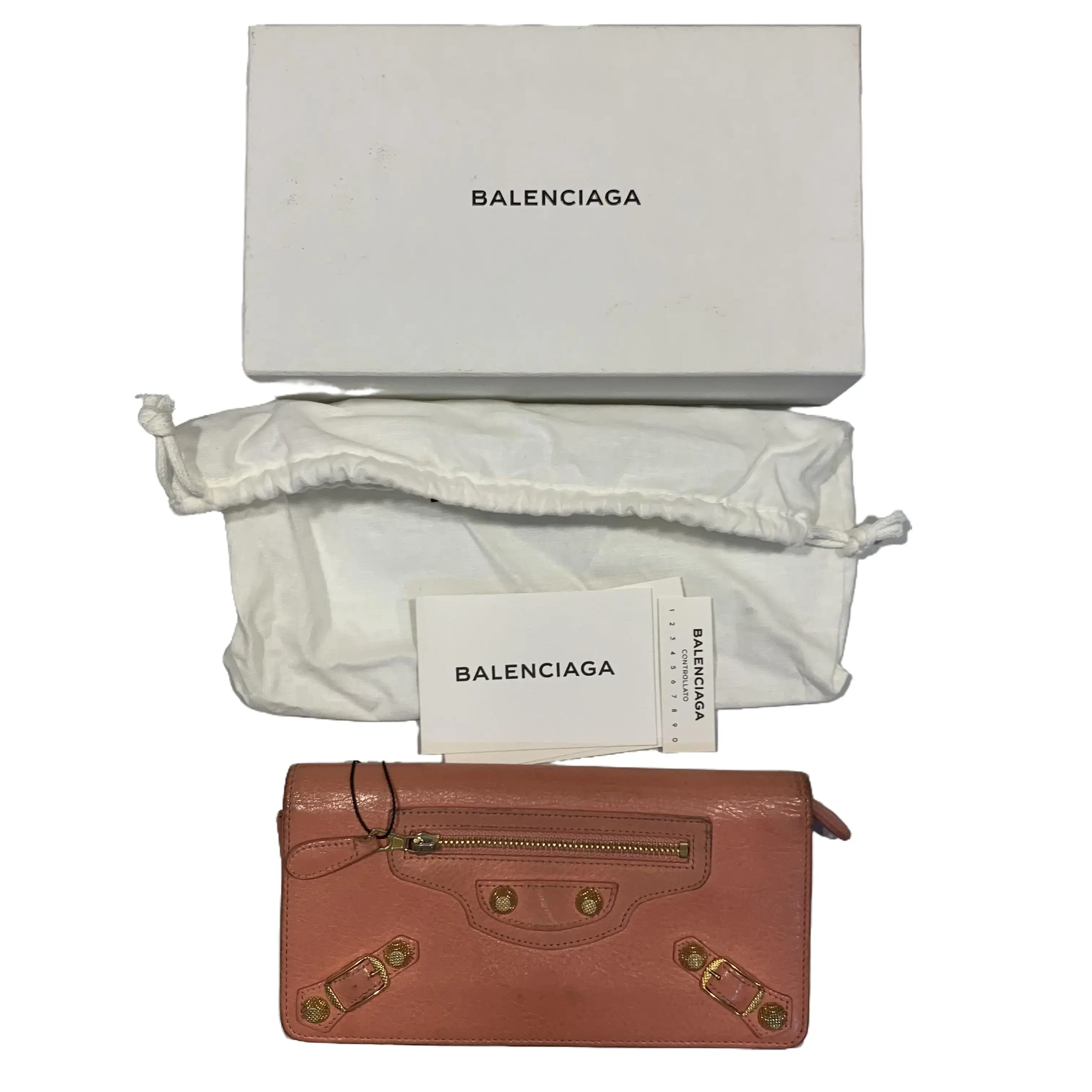 Pre-owned Balenciaga Iconic Moto Classic Motorcycle Long Wallet Pink Grained Calfskin, Gold Hardware, 19×10×2 cm, Generous Storage Space, Abundant Card Slots, With Dust Bag & Box (TKB00000230), For Daily Commutes & Outings