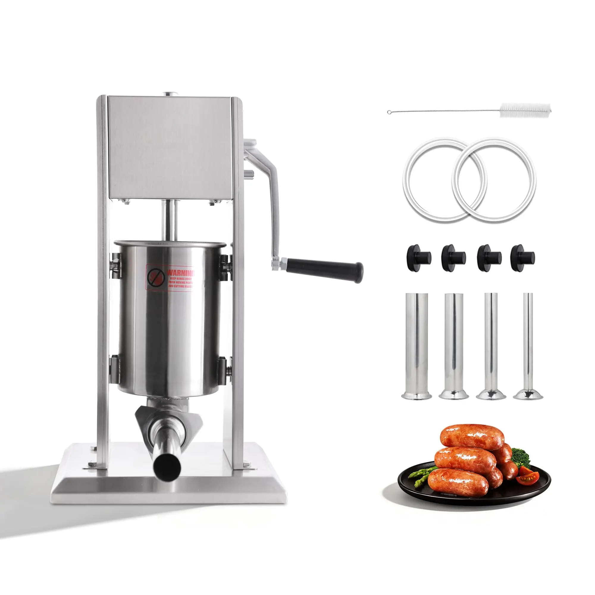 Hakka Stainless Steel Manual Meat Stuffing Machine - 3L/7 lbs Vertical Dual-Speed Sausage Maker with 4 Stuffing Tubes, 32mm Tube Included, Kitchen Appliance for Home & Commercial Use, Machine Sausage Maker