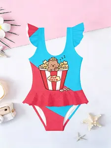 Girls' Capibara Pattern Jumpsuit, Cute Cartoon Print, Ruffled Quick-Dry Swimwear, Fashionable Beach Party, Sporty Slim-Fit