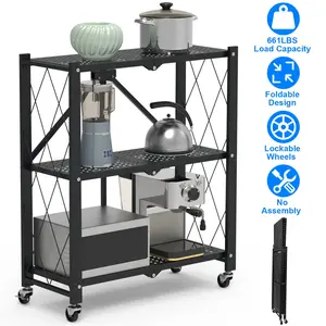 3-Tier Foldable Storage Shelf With Lockable Wheels No Assembly Rolling Utility Shelf Heavy Duty Collapsible Organizer Rack For Kitchen Living Room Basement Pantry Bedroom