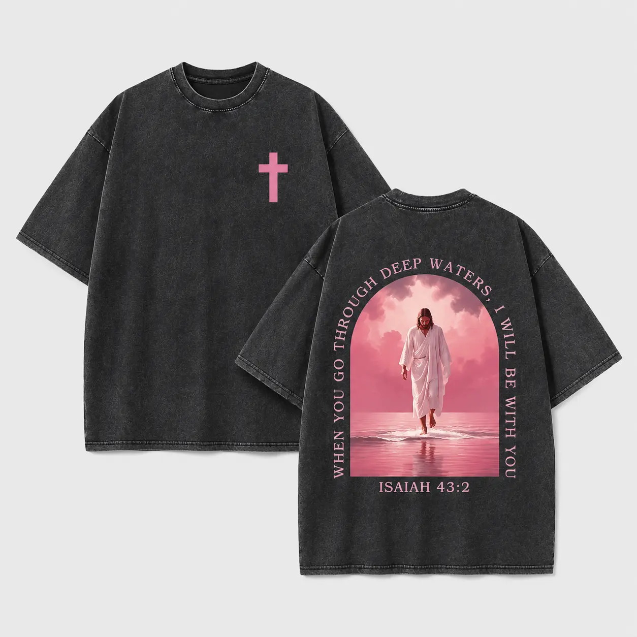 Unisex Oversized Washed Cotton Christian Graphic T-Shirt - Dreamy Pink Vintage Wash, Cross, Jesus Walking On Water, Isaiah Theme, Soft Solid Double-Sided, Top, Casual Everyday Fit, TikTok Viral Tee